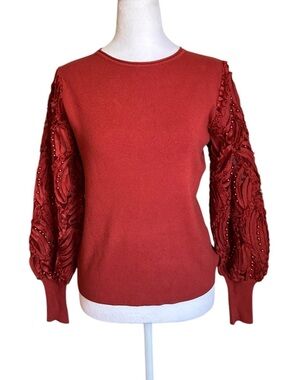 Liv Milano Women's Rust Orange Beaded Sleeve  Sweater Top Size Small